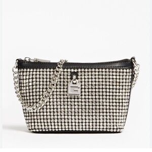 Guess Virtual rhinestone Elegant Silver and Black Chain mini zip top Bag